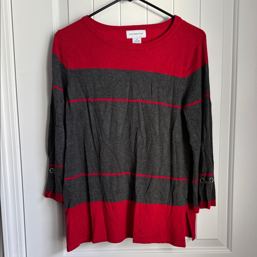 Liz Claiborne Red and Gray Striped Sweatshirt